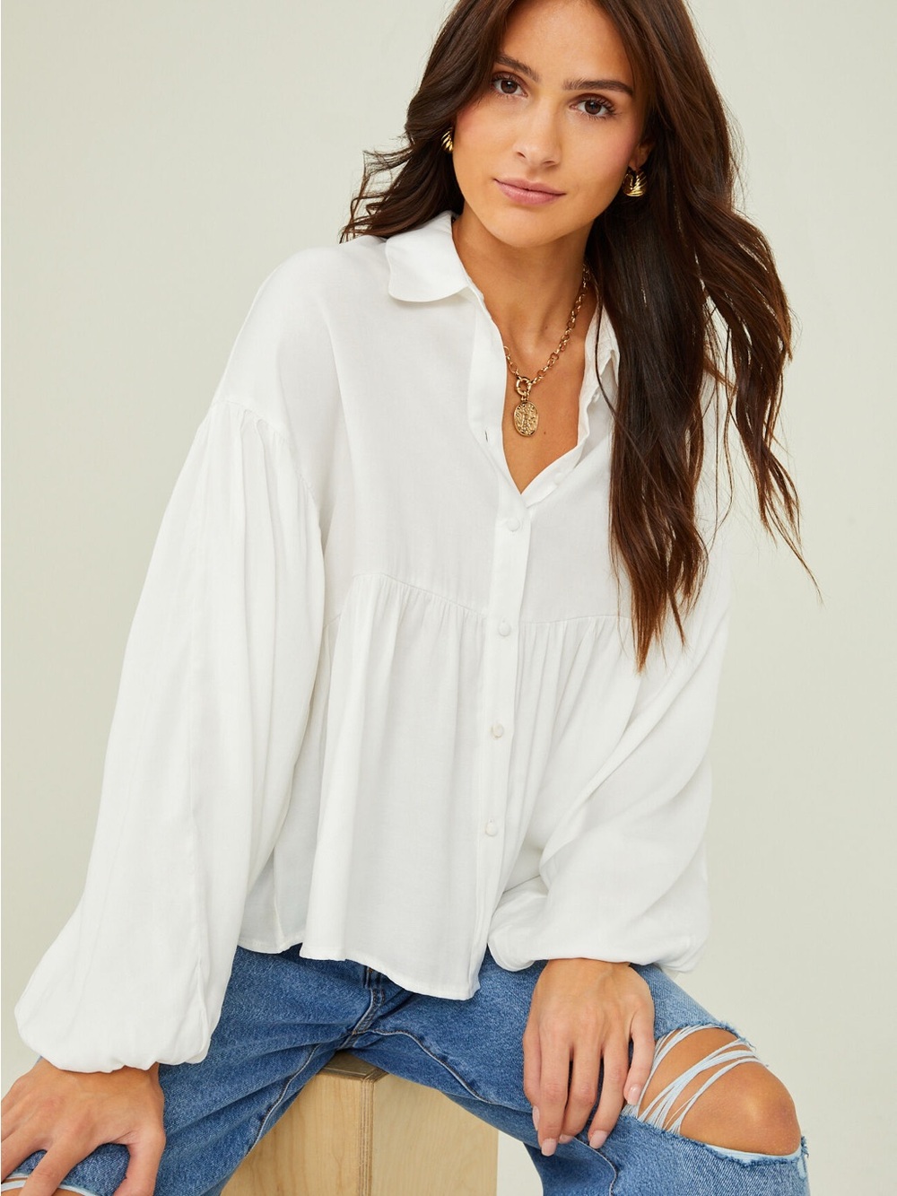 🌻LIKE NEW Altar'd State Kylie Babydoll Button Up White Balloon Sleeve Blouse S